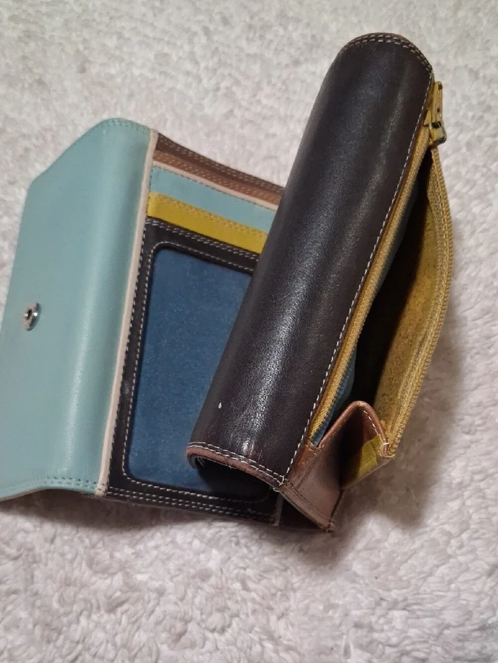 Tri-Tone Leather Wallet in Black, Brown and Light Blue